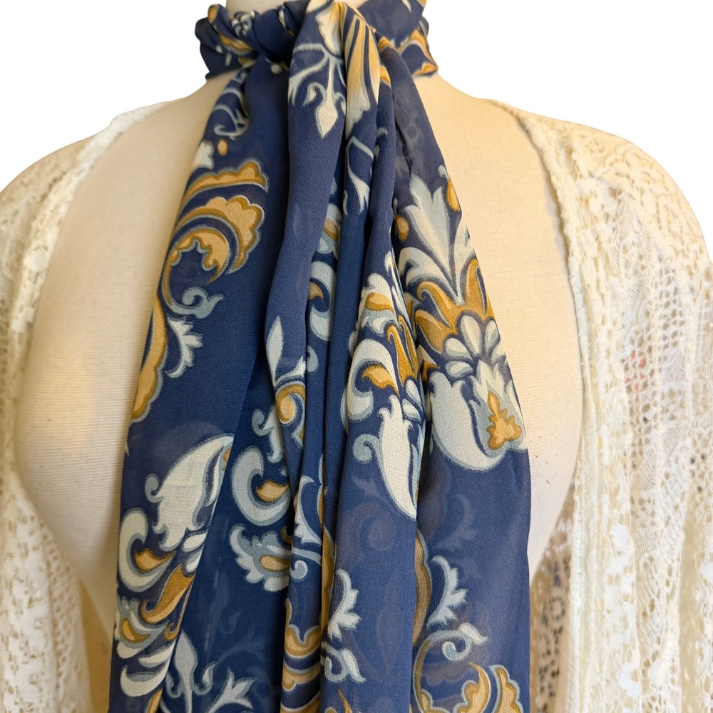 National Portrait Gallery silk Scarf Navy Blue Gold Damask Floral Chiffon